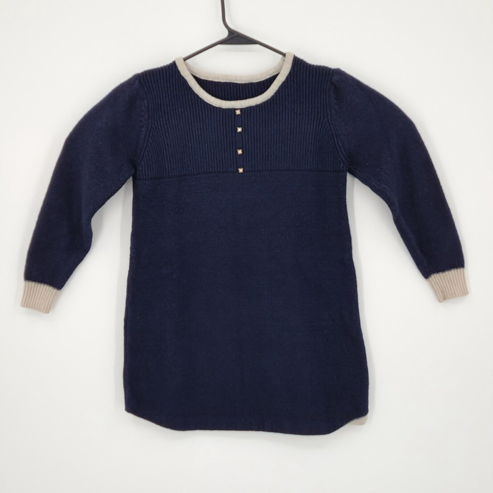 Women's Blue Knit Sweater Dress Ribbed Cream Cuffs Medium Minimalist Comfy